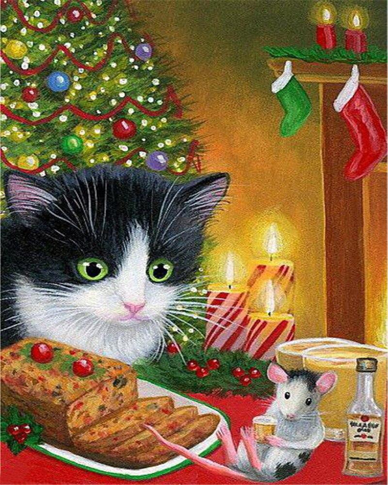 Cat & Mouse Christmas - Paint By Numbers - Painted Memory